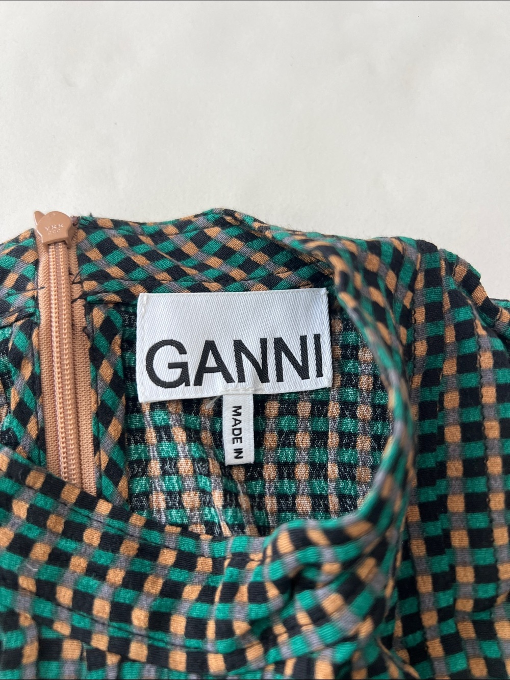 GANNI Checkered Green Tan Black Longsleeve Blouse 2/XS $215 - Picture 5 of 6
